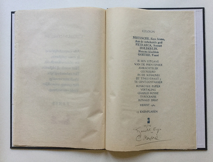 Nietzsche, Petrarca, Holderlin, Goethe, zes gedichten vertaald door	Charles Rossie, De Prentenier, 1984

